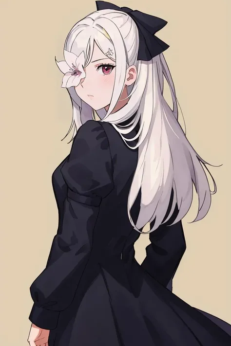 masterpiece, best quality, BlackOutfit, <lora:ZeroDrakenGardV3-000070:1>, 1girl, flower over eye, long hair, white hair, cowboy_shot, from_behind, looking_back