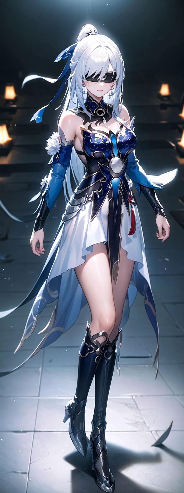 (((masterpiece))), (8k, high_resolution), extremely detailed CG, ((best quality)),
cinematic lighting, dynamic lighting,
shiny skin,
detailed face,
1girl, solo,
jingliu, white hair, long hair, ponytail, hair ribbon, blindfold, earrings, jewelry, blue dress, bare shoulders, detached sleeves,
standing,
looking at viewer,
(light smile),
full body,
slender,
<lora:Ichinose_Riko2-000012:0.1>, <lora:jingliu-mver-000008:1>,
