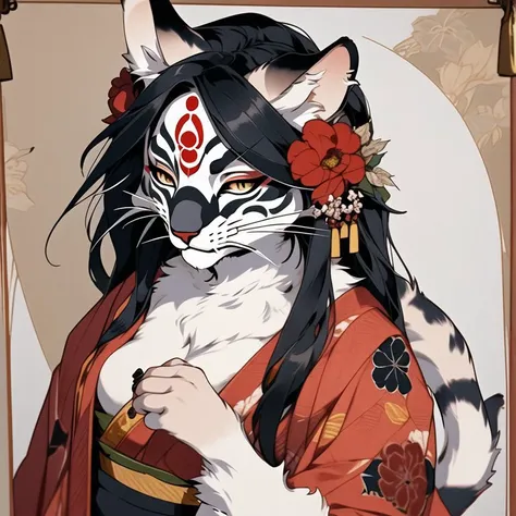 <lora:niji_khajit_3:1.0> (niji_khajit:1.0), animal hands, tail, (khajiit:1.0), furry, 1girl, black hair, chichi chichi, closed mouth, eyeshadow, floral dress, highres, ink \(medium\), japanese clothes, kimono, long hair, makeup, mask, oni mask, partially colored, portrait, red circle, solo, traditional media, upper body, writing