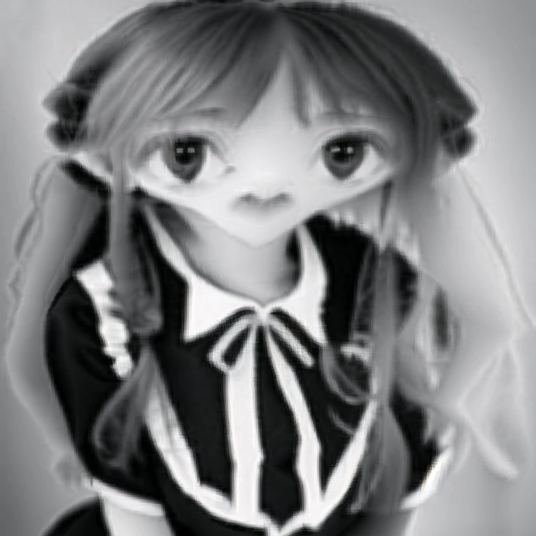 <lora:liquid_distortion2:1> , liquid_distortion, 1girl, long hair, maid, monochrome, orange \(color\), solo