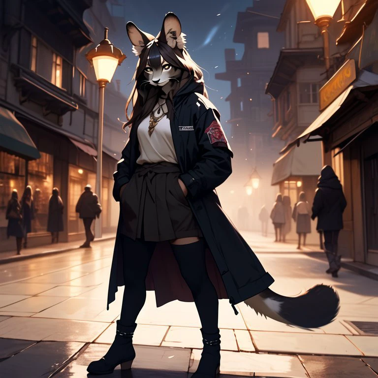<lora:niji_khajit_3:1.0> (niji_khajit:1.0), animal hands, tail, (khajiit:1.0), furry, 1girl, animal ears, bangs, black jacket, black legwear, blue eyes, brown hair, building, english text, hair between eyes, hands in pockets, highres, jacket, light, long hair, long sleeves, night, open clothes, open jacket, pantyhose, poster \(object\), rabbit ears, reflective floor, shirt, shop, sidelocks, skirt, solo, storefront, suitcase , (by Antonio J Manzanedo:1.0), (by Jeremy Lipking:1.0), (by Killian Eng:1)