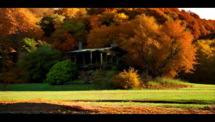 cityscapes with vines and plants. abandoned. green grass. green trees. autumn colors, cinematic lighting <lora:fechin:1>