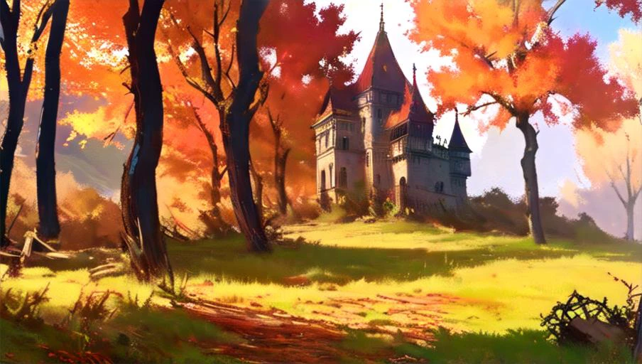 <lora:niji_vn_bg:1>, niji_vn_bg, no humans,
castle with vines and plants. abandoned. grass. trees. Dnd art style, autumn colors, cinematic lighting <lora:fechin:1>