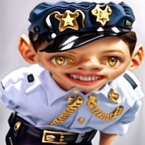 <lora:liquid_distortion2:1> , liquid_distortion, 1boy, belt, brown eyes, crossdressinging, hat, looking at viewer, male focus, police, police hat, police uniform, short hair, skirt, smile, solo, uniform