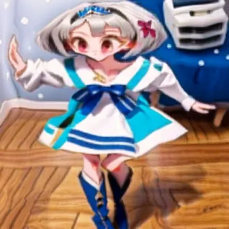<lora:liquid_distortion2:1> , liquid_distortion, 1girl, artist name, bag, banner, birthday, blue bow, blue dress, blue ribbon, blunt bangs, blush, bob cut, boots, boots removed, bow, brown footwear, closed mouth, cold, collarbone, dress, dress bow, foot up, grey hair, hair ornament, hairclip, happy birthday, highres, indoors, katya \(servachok\), leaning to the side, light blush, light smile, long sleeves, night, ribbon, ribbon-trimmed dress, russian commentary, russian text, scenery, shoes, shoes removed, shopping bag, short eyebrows, short hair, skirt hold, smile, snow, snowing, solo, space heater, standing, standing on one leg, thick eyebrows, tiara, two-tone dress, white bow, white dress, winter, wooden floor
