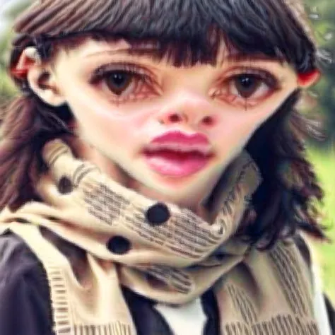 <lora:liquid_distortion2:1> , liquid_distortion, 1girl, bangs, black eyes, blunt bangs, craelle, highres, lips, mouth, outdoors, photo reference, portrait, scarf, solo, vest