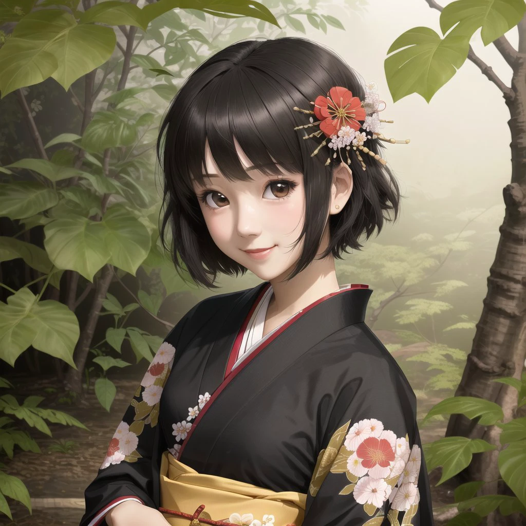1girl, black hair, branch, brown eyes, flower, hair flower, hair ornament, japanese clothes, kimono, leaf, looking at viewer, short hair, smile, solo