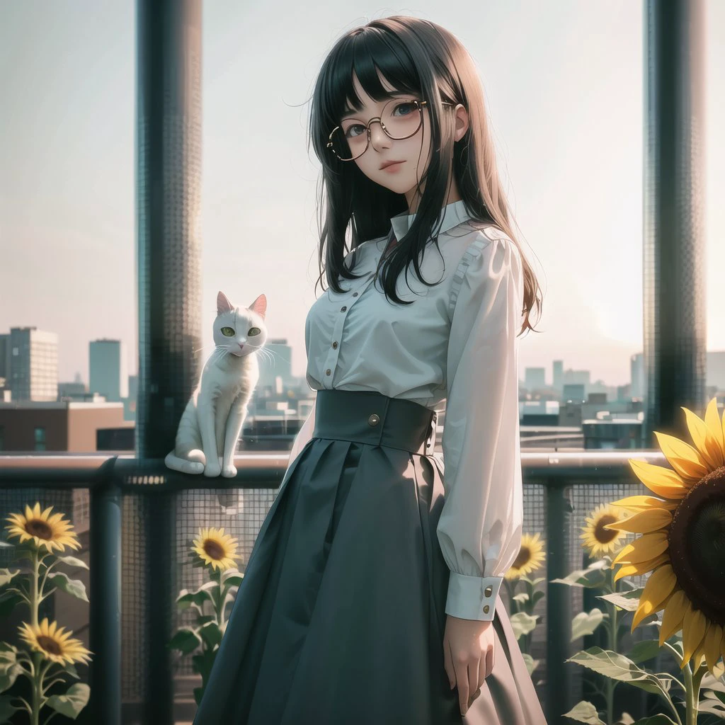 1girl, black hair, blouse, blue sky, blurry, bokeh, cat, cityscape, day, depth of field, flower, glasses, high-waist skirt, long hair, long skirt, long sleeves, outdoors, planet, railing, round glasses, saturn, short hair, skirt, sky, solo, standing, sunflower, sunlight, white blouse, white cat