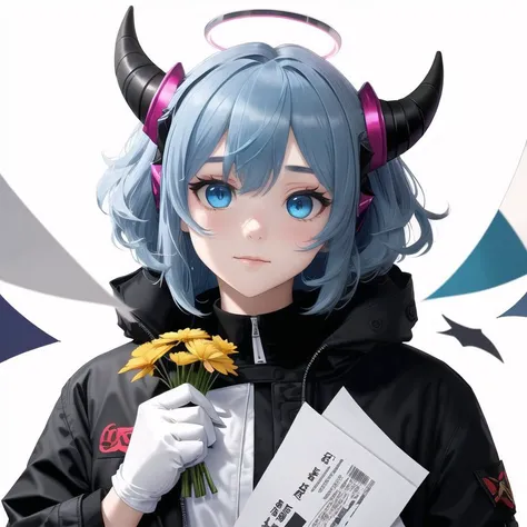 1girl, black gloves, black jacket, blue eyes, blue hair, bouquet, demon horns, eyebrows visible through hair, fallen angel, flying paper, gloves, halo, highres, holding, holding bouquet, horns, jacket, paper, shirt, simple background, white background, white shirt