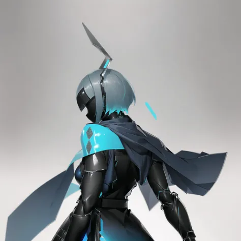 <lora:echanis_enicha:1>, echanis_enicha, background, futuristic, bodysuit, helmet, glowing, 1girl, back, belt, blue dress, blue hair, dress, from behind, hair ornament, hair rings, hair stick, puffy sleeves, shawl, short hair, short sleeves, simple background, solo, vest, white background