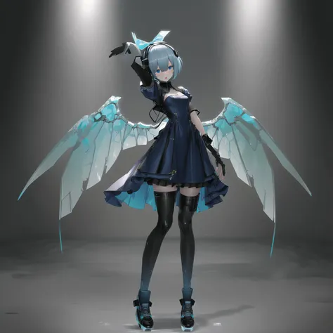 <lora:echanis_enicha:1>, echanis_enicha,  background, futuristic, bodysuit, helmet, glowing, 1girl, blue dress, blue eyes, blue hair, bow, dress, elbow gloves, gloves, hair bow, highres, ice, ice wings, open mouth, puffy sleeves, ribbon, shoes, short hair, short sleeves, solo, thigh-highs, waving, wings