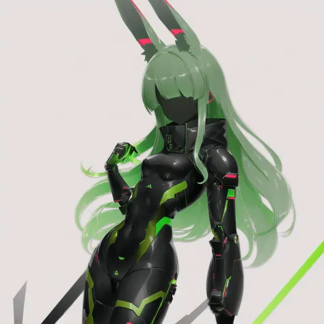 <lora:echanis_enicha:1>, echanis_enicha, background, futuristic, bodysuit, helmet, glowing, 2boys, animal ears, green hair, keshin \(inazuma eleven\), long hair, male, multiple boys, no pupils, out of frame, rabbit ears, raimon, red eyes, simple background, soccer uniform, white background