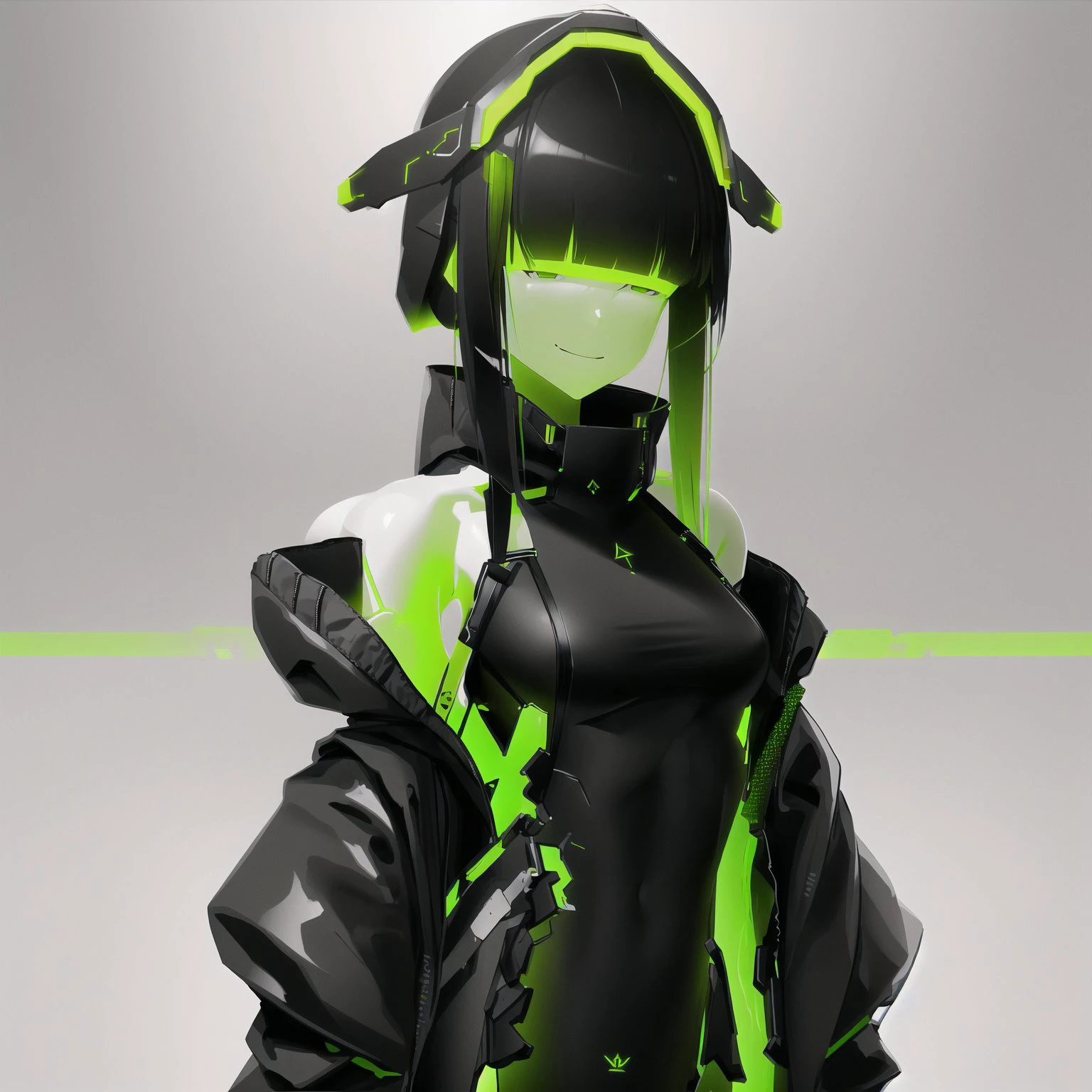 <lora:echanis_enicha:1>, echanis_enicha, background, futuristic, bodysuit, helmet, glowing, 1girl, bare shoulders, black dress, black hair, dress, eyebrows visible through hair, green eyes, hair ornament, highres, jacket, jacket pull, k concord, long hair, long sleeves, neck garter, simple background, smile, solo, white background