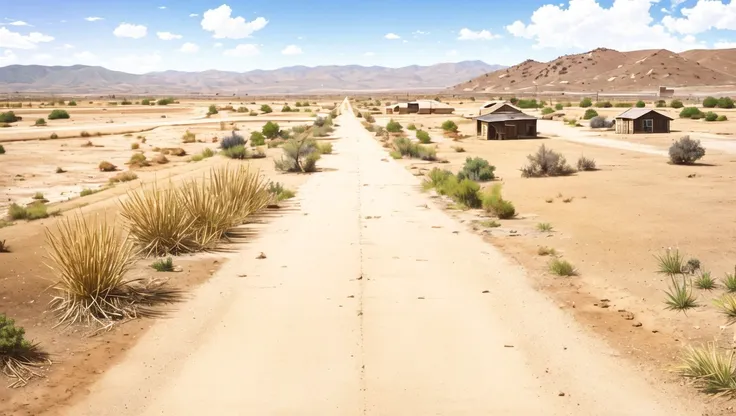 <lora:vn_bg:1> vn_bg, no humans, A lonely, old western town with a single dirt road, tumbleweeds blowing across the path, and weathered wooden buildings.