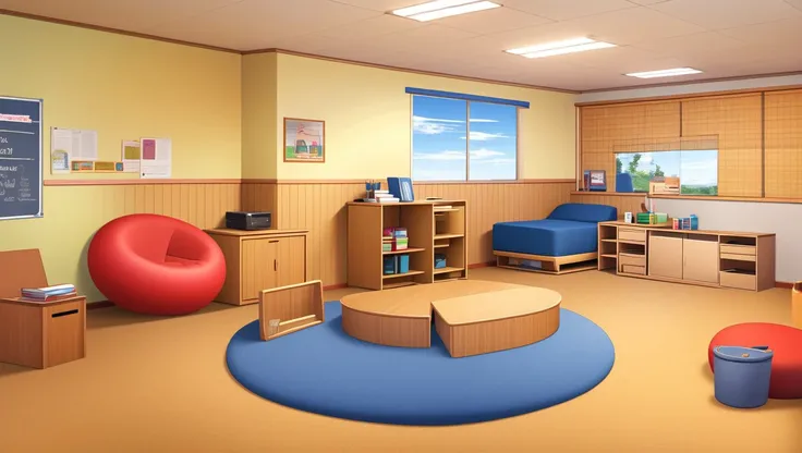 <lora:vn_bg:1> vn_bg, no humans, A small, cozy school counselor s office, filled with comforting items like beanbag chairs, motivational posters, and a quiet, friendly ambiance.