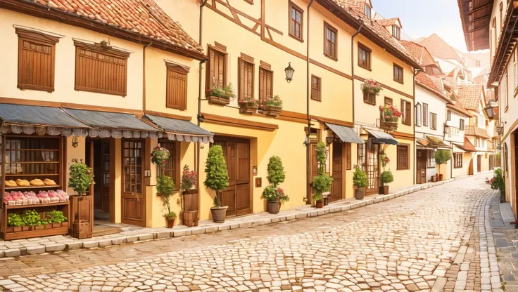 <lora:vn_bg:1> vn_bg, no humans, A quaint European street at dawn, with cobblestone roads, vintage architecture, and a bakery sending wafting aromas into the crisp morning air.