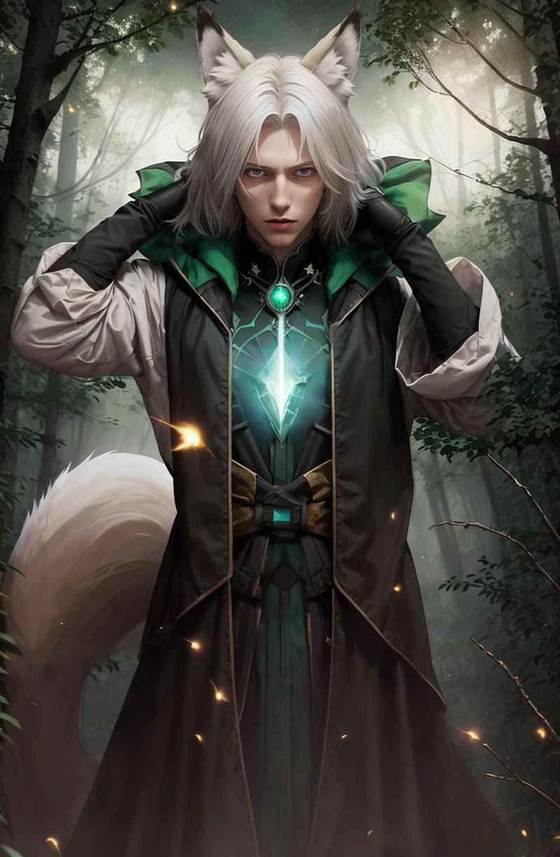 style by CrystalGraziano, medieval portrait, necromancer, regal and charismatic, male kitsune sorcerer, adulte male, white hair, fox ears, green eyes, ((BEST QUALITY)), ((MASTERPIECE)), ((HIGH RES)), ((CINEMATIC LIGHTING)), ((DETAILED)), masterpiece, best quality, aura, tall, thin, pale skin, sharp features, regal, elegant, charismatic, black gloves, sorcerer, noble, powerful, green flashes in the background, against the backdrop of a night forest, night starry sky, dark green fog, fireflies in the grass, moon light, a lot of light, flashes, lights,