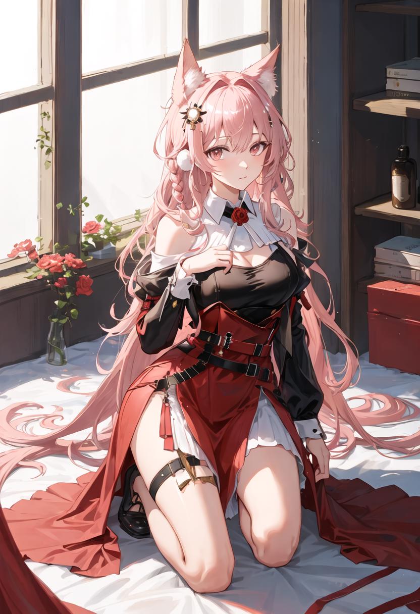 Anime girl with pink hair sitting on a bed in a room - SeaArt AI