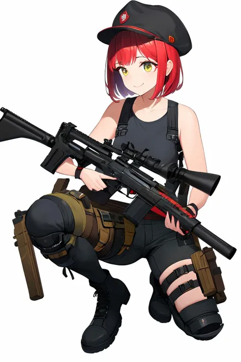 ((masterpiece)), (best quality), highres, ultra-detailed,
nikke_type3, nikke, 1girl, ak-47, ar-15, assault rifle, red hair, boots, bullpup, finger on trigger, full body, gloves, grenade launcher, gun, h&k hk416, h&k ump, handgun, hat, heckler & koch, holding, holding gun, holding weapon, holster, holstered weapon, kalashnikov rifle, knee pads, m16, m4 carbine, machine gun, magazine \(weapon\), p90, pants, pistol, rifle, scope, shirt, short hair, shotgun, sig sauer, simple background, sniper rifle, solo, squatting, submachine gun, suppressor, tank top, thigh holster, thigh pouch, trigger discipline, weapon, white background, smile, <lora:Nikke:0.9>