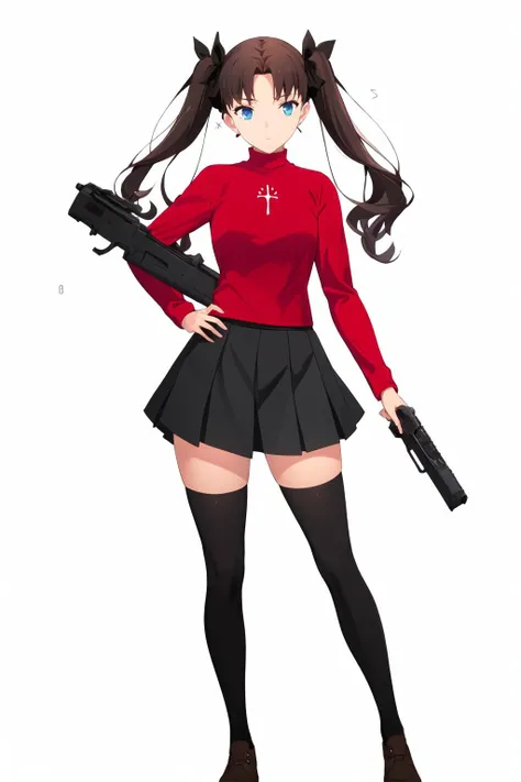 ((masterpiece)), (best quality), highres, ultra-detailed,
nikke, 1girl, simple background, solo, white background,  weapon, holding weapon,  gun, holding gun, <lora:Nikke:0.9>,
nikke_type1, full body, standing,
tohsaka rin, long hair, two side up, blue eyes, brown hair, hair ribbon, red turtleneck, long sleeves, pleated skirt, black skirt, black thighhighs, twintails,
 <lora:chara_FateStayNightUBW_TohsakaRin_v1:0.8>