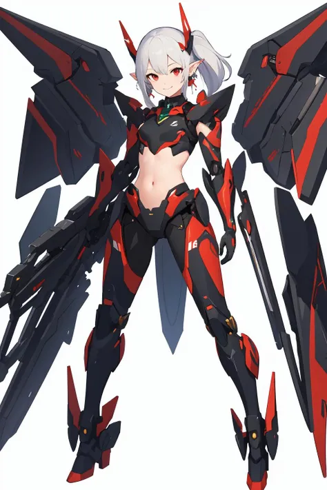 ((masterpiece)), (best quality), highres, ultra-detailed,
nikke_type1, nikke, 1girl, covered navel, earrings, full body, jewelry, looking at viewer, mecha musume, pointy ears, red eyes, simple background, smile, solo, standing, white background