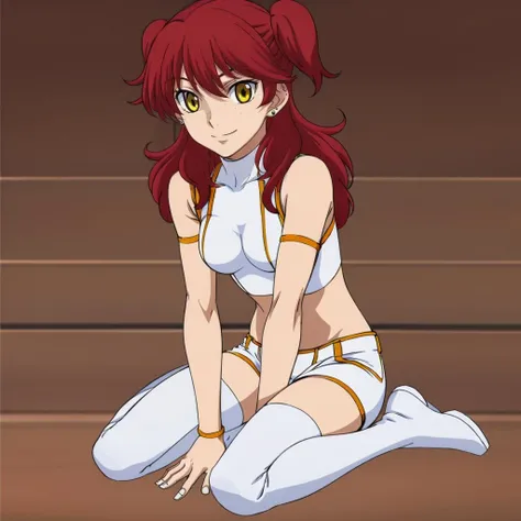 masterpiece,high quality,solo,
<lora:nenatrinity001:0.7>,looking at viewer,smile,
nenatrinity,1girl,
long hair,two side up,red hair,earrings,freckles,yellow eyes,
white bodysuit,midriff,
armband,
shorts,
white thigh boots,full body,