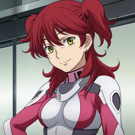 masterpiece,high quality,solo,indoors,
<lora:nenatrinity001:0.7>,smirk,
nenatrinity,1girl,
green hair,green eyes,
long hair,two side up,red hair,earrings,freckles,yellow eyes,
pink pilot suit,
