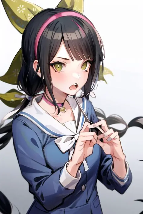 <lora:TenkoDG:0.8>, TenkoDG, 1girl, solo, open mouth, black hair, looking at viewer, long sleeves, bow, shirt, school uniform, blue shirt, shiny hair, upper body, sailor collar, bowtie, shiny, collarbone, teeth, white sailor collar, breasts, white bow, white bowtie, serafuku, mole under mouth, archery dojo,