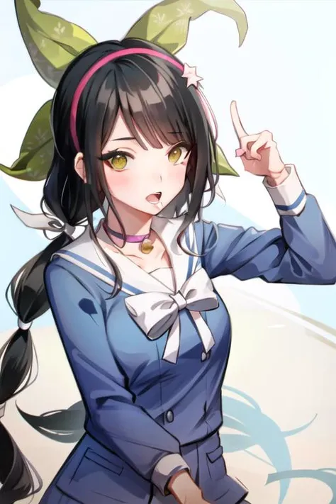 <lora:TenkoDG:0.8>, TenkoDG, 1girl, solo, open mouth, black hair, looking at viewer, long sleeves, bow, shirt, school uniform, blue shirt, shiny hair, upper body, sailor collar, bowtie, shiny, collarbone, teeth, white sailor collar, breasts, white bow, white bowtie, serafuku, mole under mouth, (beach, sea, ocean),