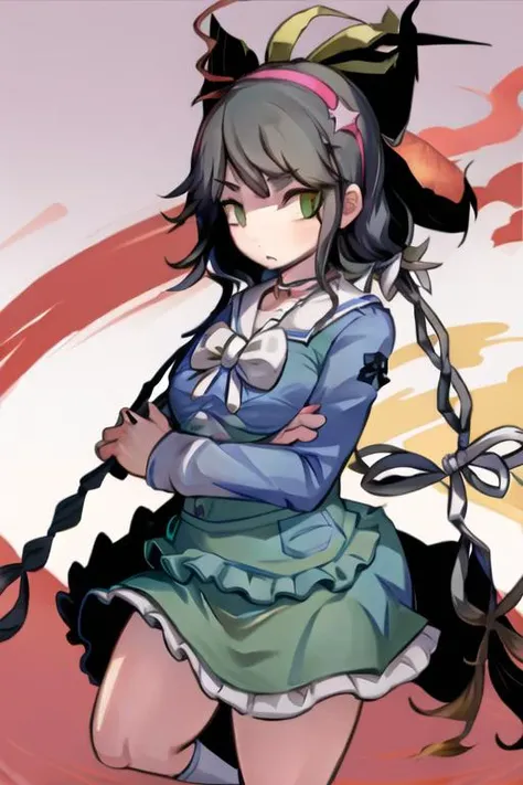 <lora:TenkoDG:0.8>, TenkoDG, 1girl, solo, black hair, looking at viewer, long sleeves, bow, shirt, school uniform, green background, blue shirt, shiny hair, upper body, sailor collar, bowtie, shiny, collarbone, white sailor collar, breasts, white bow, white bowtie, serafuku, mole under mouth, <lora:HakikaStyle:1>, HakikaStyle,