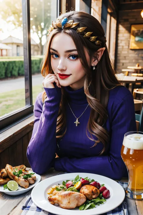 pov across table, sitting, head rest,
princess zelda, brown hair, crown, jewellery, blue eyes, red lip stick, purple turtleneck sweater, long sleeves, looking at viewer, smiling, happy, blush,
inside, bar, window, plate of food, chicken, glass of beer, extreme detail, hdr, beautiful quality, analog, <lora:CONCEPT_pov_dating_ownwaifu:.5> <lora:Zelda_TP_v1:.8>