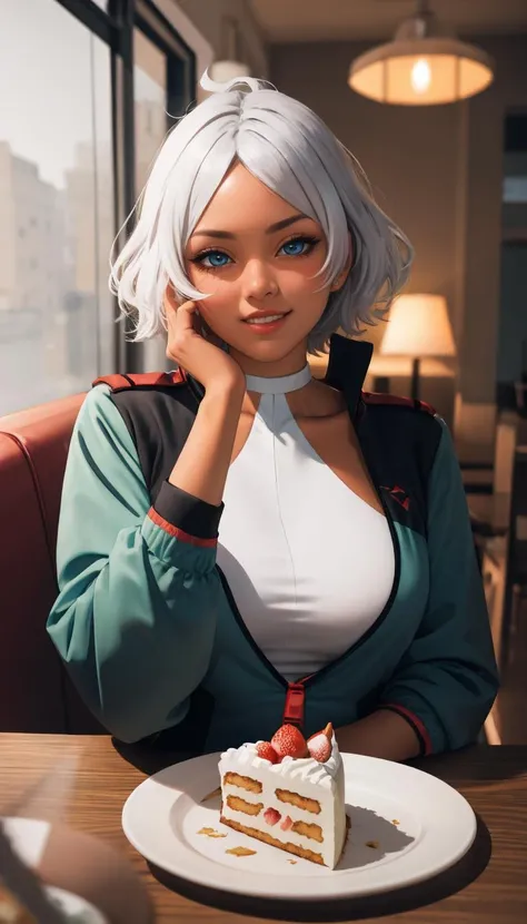 Female in her 20s, Front view, ultra realistic concept art, blueish grey hair, Naked nude, Sit on a chair and lean back,, Large screen with full-body view, bright lighting, Wet body, Stick out your chest, Spread your legs apart, sexy smile, Crotch pov, (Angle from above:0.3), white jacket
