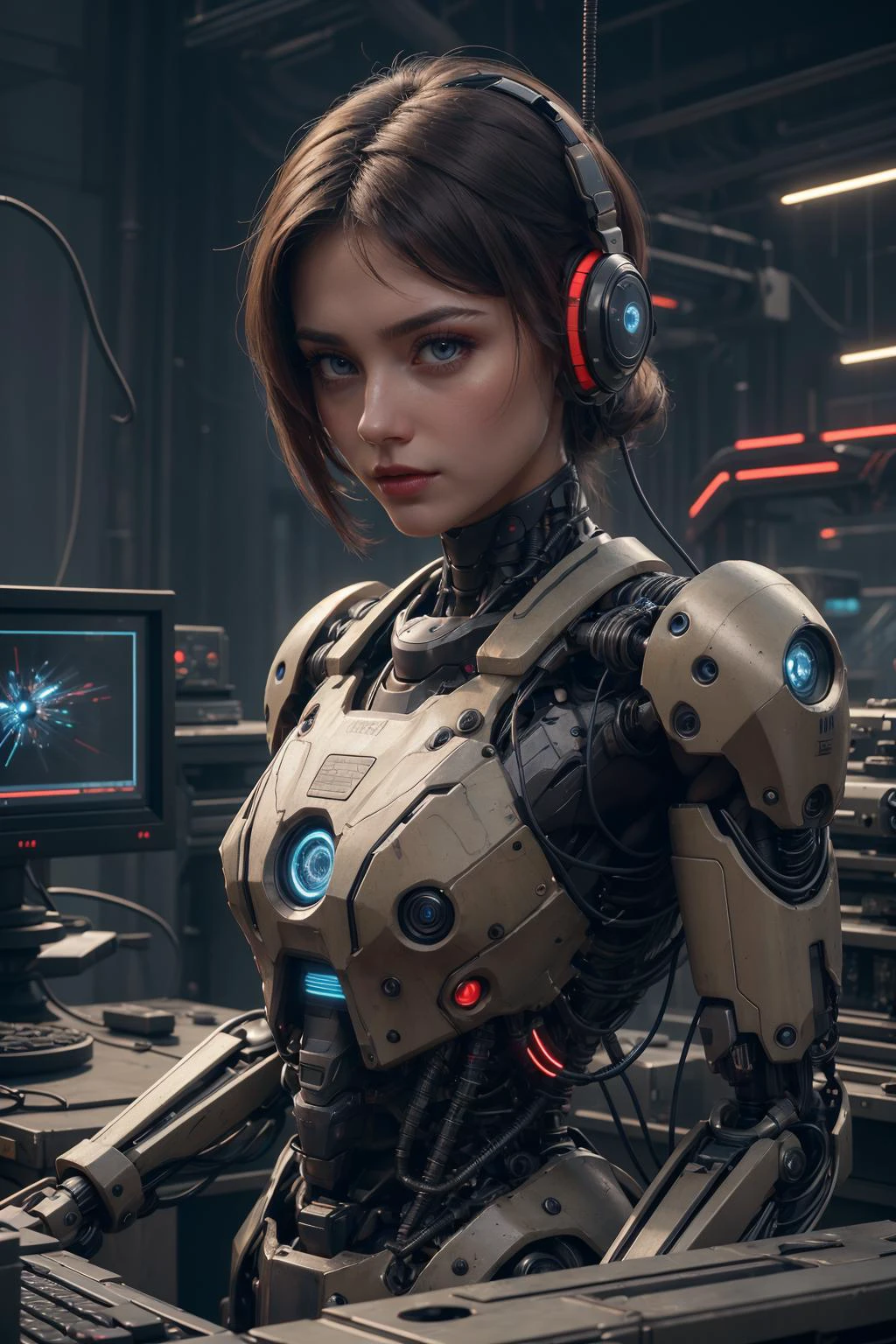 8k uhd, (best quality:1.2), (masterpiece:1.2), very detailed, intricate details, hyper detailed, <lora:realistic:0.3>, <lora:sharpen-soften:-0.25>,
(1man, thin adult male:1.2), blue eyes, medium brown hair, long mustache,
portrait, solo, upper body, looking at viewer, detailed background, detailed face, (<lora:CnCGDIAIv2:0.6>, CnCGDIAI theme:1.1), android, mechanical limbs, wires, high-tech, dynamic pose, emotionless, artificial intellgience, steel, nanobots, electronics, robotics, gears, techwear, powered by nuclear fission, particle effects, flashing lights, energy pulse, neon colors, computer screens in background, cinematic atmosphere,