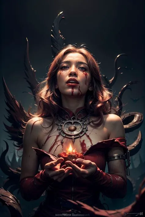 (best quality, photorealistic, masterpiece:1.3), girl, (style-swirlmagic:0.9) looking up, solo, upper body, detailed background, (<lora:WitchcraftPunkAI:0.5>, WitchcraftPunkAI theme:1.1), blood red eyes, scarlet hair, detailed face, evil blood sorcerer, crimson blood swirling in the air, casting spell, dynamic pose, red color scheme, red clothes, blood spatters, blood sacrifice, blood dripping, crimson crown, (flowers:0.7), (red thorny roses:0.7) in background, red flames, symmetrical composition, cinematic atmosphere, floating particles, blood droplets, stream of blood,, highres, 4k, 8k, intricate details, highres textures, <lora:CnCGDIAIv2:0.6>, CnCGDIAI, <lora:add_detail:1>