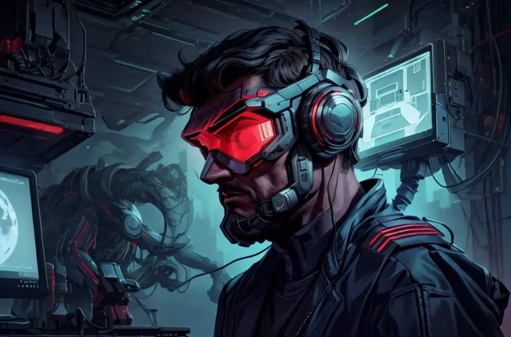 (best quality, masterpiece:1.2), PhilipCipher, portrait, looking at viewer, solo, half shot, detailed background, detailed face, (<lora:CnCNODAIv2:0.6>, CnCNODAI theme:1.1) high-tech futuristic hacker, advanced technology, techwear, wearable device, electronics, head-up display, (holographic display:1.05), computer, cybersecurity, control panel in background, dark sinister atmosphere, shadows,