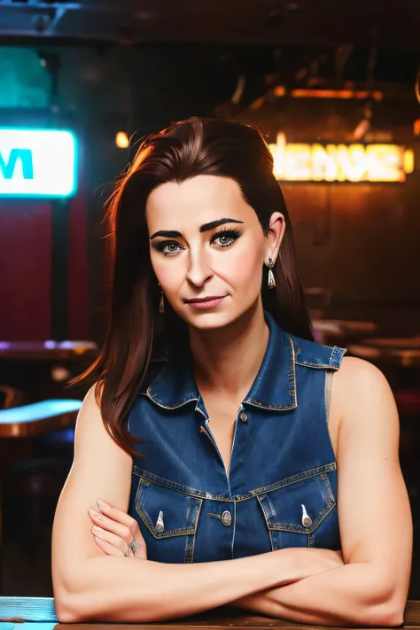 ((masterpiece)) ((high quality)) ((professional))  (Photograph Portrait) of (AliceTeodorescu) as a bad as biker in a dating simulator sitting at the local dive bar in a denim vest looking mysterious (half body composition:1.3)   <lora:alice_teodorescu_vng_v2:1>   <lora:arcane_offset:0.8>