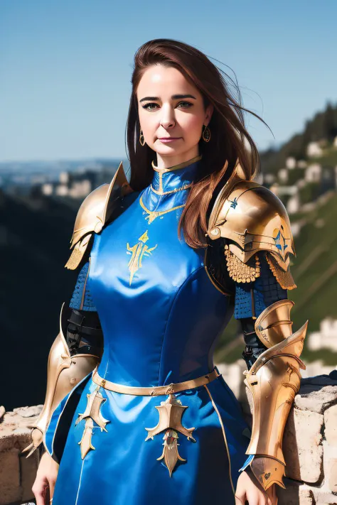 ((masterpiece)) ((high quality)) ((professional))  (Photograph Portrait) of (AliceTeodorescu) (half body composition:1.3) wearing blue and yellow paladin armor, heavy armor, piercing eyes, night shot,  on top of a castle wall sunny blue sky in the background  <lora:alice_teodorescu_vng_v2:1>  <lora:PLD_amor:1>