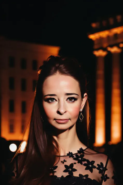 ((masterpiece)) ((high quality)) ((professional)) (Photograph Portrait) of (AliceTeodorescu) (half body composition:1.3) in a dress, piercing eyes, night shot, uplit akropolis in the background <lora:epiNoiseoffset_v2-pynoise:0.2> <lora:backlighting:0.2> high contrast, dark theme <lora:alice_teodorescu_vng_v2:1>