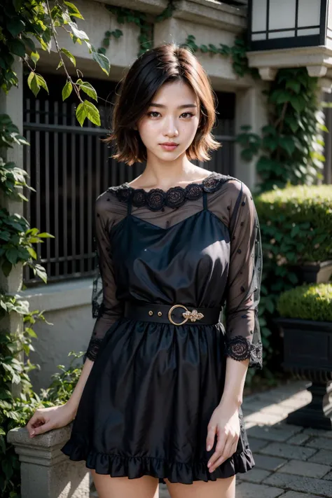 (realistic:1.3), finely detailed, quality, rembrandt lighting, (masterpiece:1.2), (photorealistic:1.2), (best quality), (detailed skin:1.3), (intricate details), dramatic, ray tracing, 1girl, japanese girl, 21 years old, detailed skin texture, (blush:0.5), (goosebumps:0.5), subsurface scattering, smiling, medium breasts, short hair curls, bangs, hair between eyes, flower-pattern_see-through_black_dress, cowboy shot, (bright sunny day), <lyco:flower-pattern_see-through_black_dress:1.0>