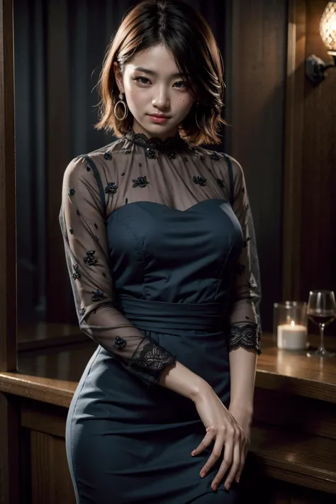 (realistic:1.3), finely detailed, quality, rembrandt lighting, (masterpiece:1.2), (photorealistic:1.2), (best quality), (detailed skin:1.3), (intricate details), dramatic, ray tracing, 1girl, japanese girl, 21 years old, detailed skin texture, (blush:0.5), (goosebumps:0.5), subsurface scattering, smiling, medium breasts, short hair curls, bangs, hair between eyes, flower-pattern_see-through_black_dress, cowboy shot, (bright sunny day), <lyco:flower-pattern_see-through_black_dress:1.0>
