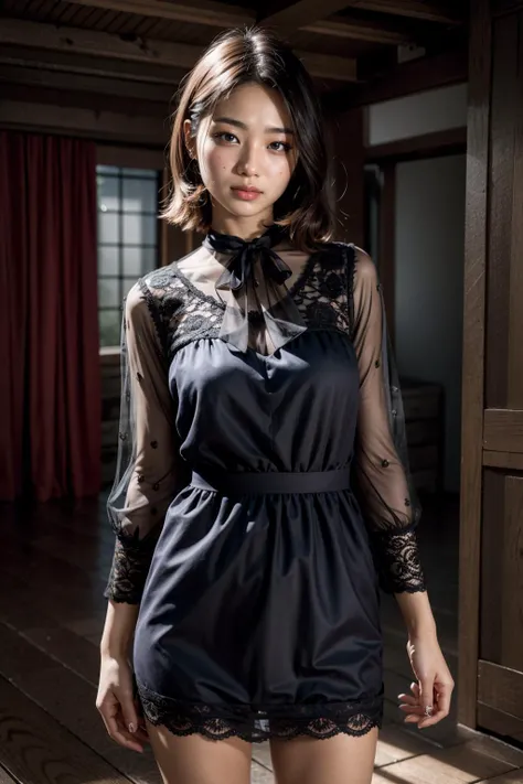 (realistic:1.3), finely detailed, quality, rembrandt lighting, (masterpiece:1.2), (photorealistic:1.2), (best quality), (detailed skin:1.3), (intricate details), dramatic, ray tracing, 1girl, japanese girl, 21 years old, detailed skin texture, (blush:0.5), (goosebumps:0.5), subsurface scattering, smiling, medium breasts, short hair curls, bangs, hair between eyes, high-collar, flower-pattern_see-through_black_dress, lace, cowboy shot, (bright sunny day), <lyco:flower-pattern_see-through_black_dress:1.0>