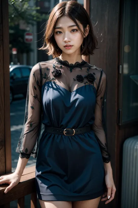 (realistic:1.3), finely detailed, quality, rembrandt lighting, (masterpiece:1.2), (photorealistic:1.2), (best quality), (detailed skin:1.3), (intricate details), dramatic, ray tracing, 1girl, japanese girl, 21 years old, detailed skin texture, (blush:0.5), (goosebumps:0.5), subsurface scattering, smiling, medium breasts, short hair curls, bangs, hair between eyes, flower-pattern_see-through_black_dress, cowboy shot, (bright sunny day), <lyco:flower-pattern_see-through_black_dress:1.0>