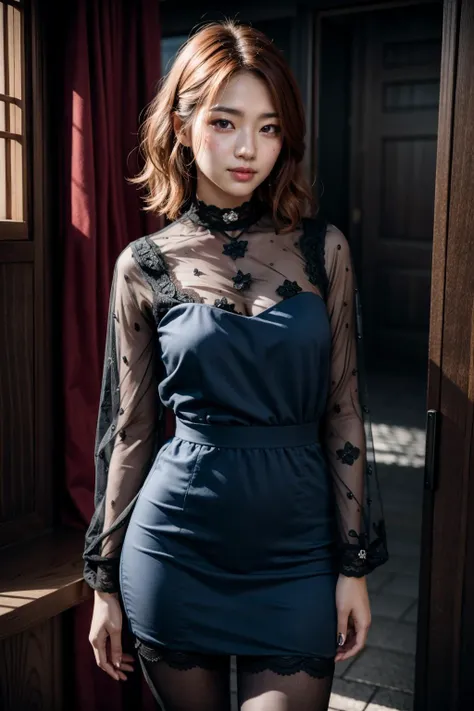 (realistic:1.3), finely detailed, quality, rembrandt lighting, (masterpiece:1.2), (photorealistic:1.2), (best quality), (detailed skin:1.3), (intricate details), dramatic, ray tracing, 1girl, japanese girl, 21 years old, detailed skin texture, (blush:0.5), (goosebumps:0.5), subsurface scattering, smiling, medium breasts, short hair curls, bangs, hair between eyes, high-collar, flower-pattern_see-through_black_dress, lace, cowboy shot, (bright sunny day), <lyco:flower-pattern_see-through_black_dress:1.0>