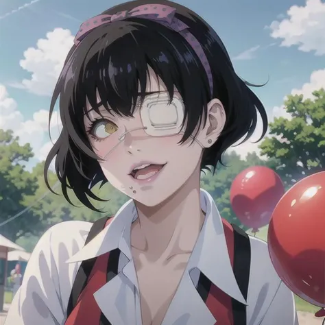 (masterpiece), 1girl, balloons, kawai, fun park, ikishima midari, short hair, black hair, eyepatch, kawai <lora:Kizuki - Kakegurui Ikishima Midari LoRA:1>