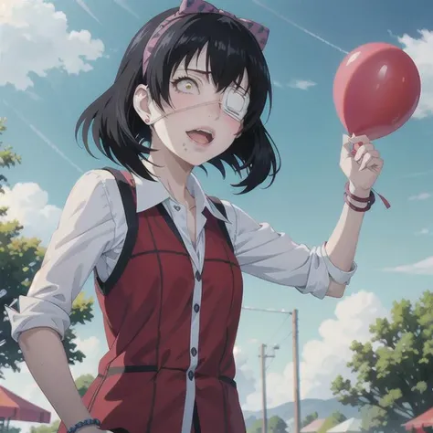 (masterpiece), 1girl, balloons, kawai, fun park, ikishima midari, short hair, black hair, eyepatch, kawai <lora:Kizuki - Kakegurui Ikishima Midari LoRA:1>