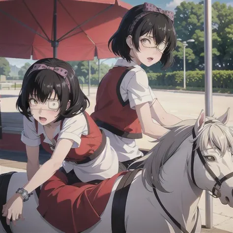 (masterpiece), 1girl,  merry-go-round, kawai, fun park, ikishima midari, short hair, black hair, eyepatch, kawai <lora:Kizuki - Kakegurui Ikishima Midari LoRA:1>
