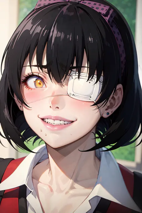 (best quality:1.1), (masterpiece:1.4), (absurdres:1.0), portrait, close-up
1girl, ikishima midari, short hair, black hair, eyepatch, looking at viewer, red school uniform,  black skirt, classroom, smile, (metal studs),
<lora:Kizuki - Kakegurui Ikishima Midari LoRA:1>