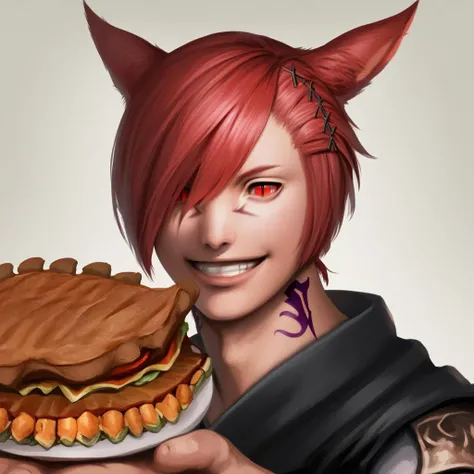 grahatiaffxivdsk, miqo'te, animal ears, solo, red eyes, cat ears, hair over one eye, tattoo, neck tattoo, slit pupils, smile, short hair, hair ornament, red hair, facial mark, realistic, food, male focus, grin