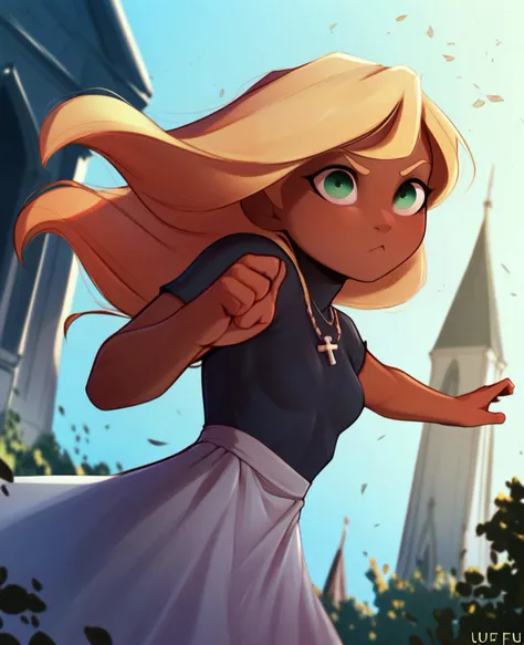 score_9_up, score_8_up, <lora:Pony_QualityV4.0:.5>, dynamic pose, upper body, 1girl, long hair, Blonde hair, green eyes, dark skin, small breasts, outside, at a church, midday, clear weather, <lora:pudgeruffian_style_ponyXL_v1:1>, pudgeruffianstyle