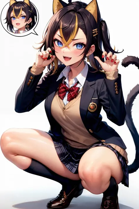 masterpiece, best quality, <lora:dehya:0.7>,1girl, skirt, blue eyes, jewelry, multicolored hair, jacket, cat, white background, looking at viewer, open mouth, shoes, blue skirt, earrings, simple background, blonde hair, animal ears, long hair, shirt, plaid, socks, bow, dark-skinned female, school uniform, collared shirt, plaid skirt, squatting, bowtie, white socks, long sleeves, pleated skirt, bangs, smile, black footwear, loafers, white shirt, hair between eyes, dark skin, streaked hair, crossed bangs,black hair, black jacket, open clothes, cat ears, ring, hair intakes, red nails, blazer, :d, open jacket, full body, blush, fangs, striped bowtie, red bow, loose socks, solo, miniskirt, fingernails, hair ornament, slit pupils, loose bowtie,hands up, badge, red bowtie, brown hair, speech bubble, wing collar, animal,cardigan, sweater vest, two-tone hair, striped bow, w, thighs, vest, multicolored nails, alternate costume, dress shirt, multiple rings, hairclip, tail, fang, button badge, cat tail, sweater, striped, teeth, gyaru,